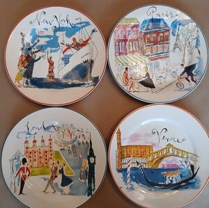 Rosanna Bon Voyage London Paris New York Venice Set 4 Dessert Plates Porcelain